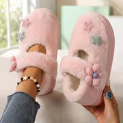 [Indoor/Outdoor Home Shoes] Pink Sweet Autumn/Winter New Style Women's Fashion Star Bow Plush Single Strap Shoes — view 7