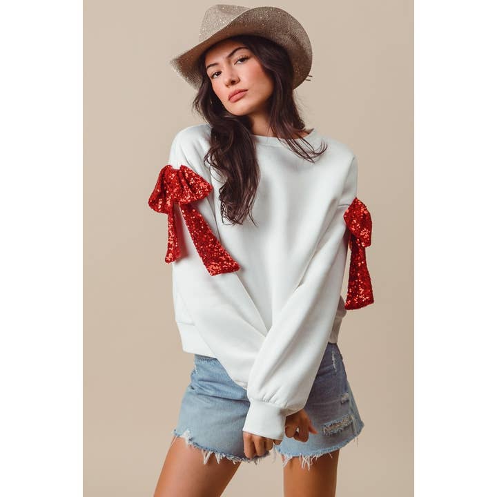 Bow Ribbon Sequins Embellished Terry Knit Top — view 2