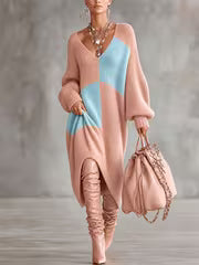 Women's Autumn/Winter Pink Apricot and Blue Color-Block V-Neck Dress, Midi-Length with Long Sleeves and Loose — view 1
