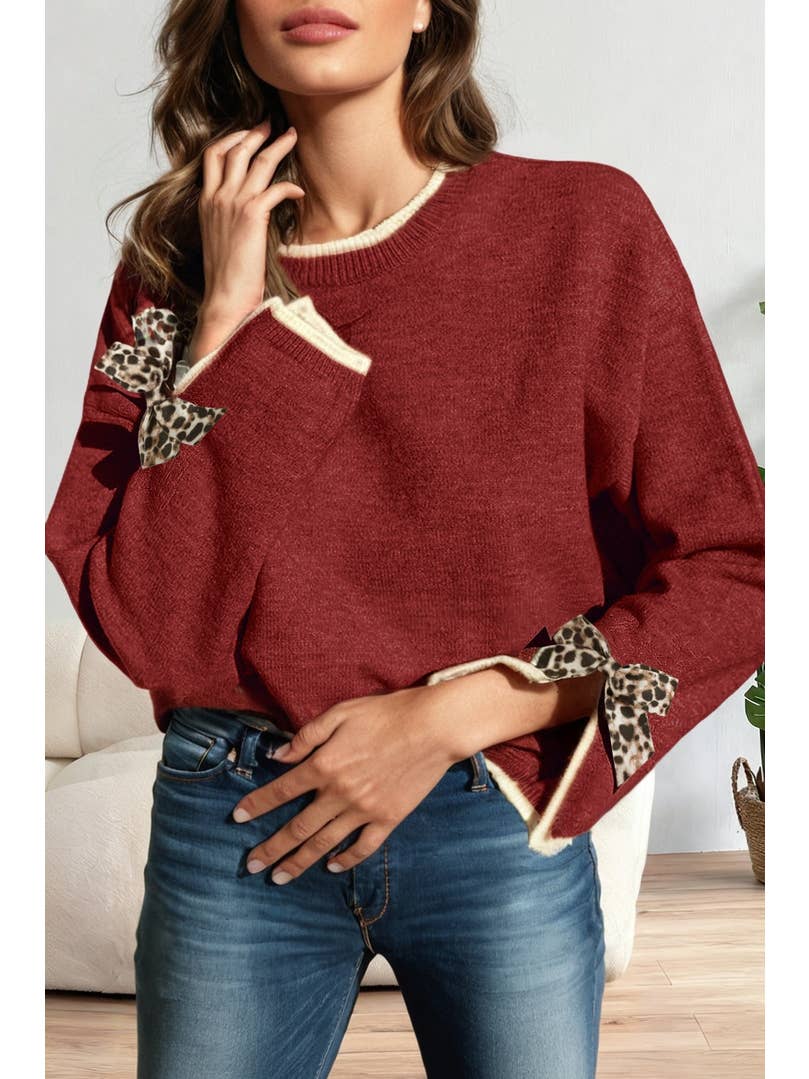 Las Leopard Bow Split Cuff Trim Christmas Sweater (S-4X)