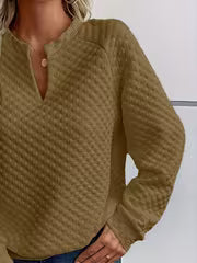 2026 Fall Women Textured Knit Top Long Sleeve Notch Neck Cream Soft Cozy Casual Daily Wear Layering Trendy — view 1