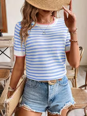 Women's High-Elastic Round Neck Short Sleeve Blouse-Compatible Shirt | Striped Color-Blocking Suitable for — view 1