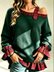 Fall Women'S Asymmetric Cold Shoulder Sweatshirt, Plaid Patchwork Flare Cuff Long Sleeve Loose Casual Pullover — view 7