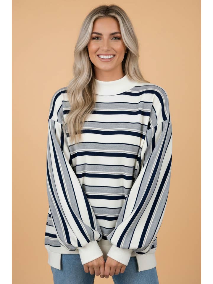 PRETTY BASH Stripe Ribbed Mock Neck Long Sleeve Sweatshirt