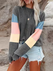 Fall Winter New Arrival Women'S Crew Neck Color Block Panel Long Sleeve Pullover Top, Ladies' Contrast Stripe — view 9