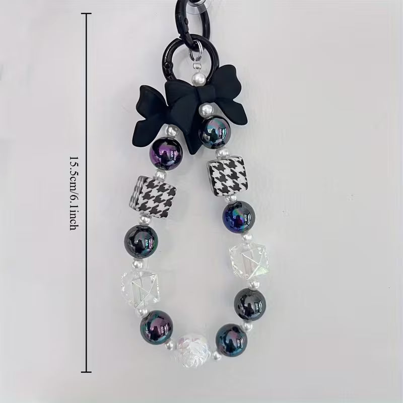 Elegant Black and White Electroplated Beaded Bow Keychain with Pearl and Crystal Accents - Durable ABS Material — view 11
