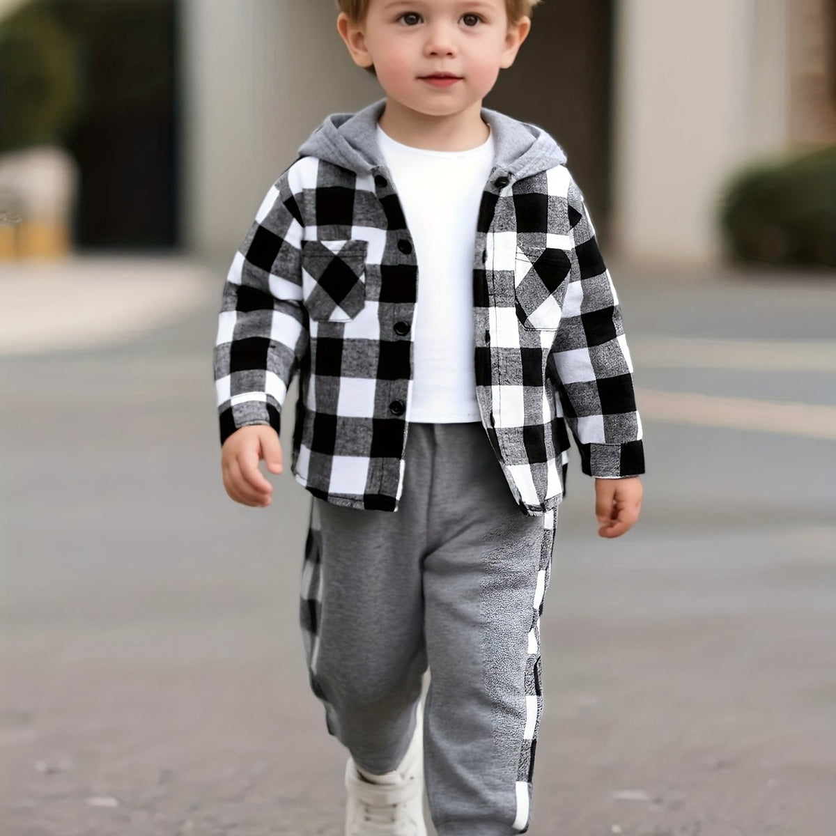 2-piece Boys' Plaid Front-Button Hoodie + Sweatpants Set