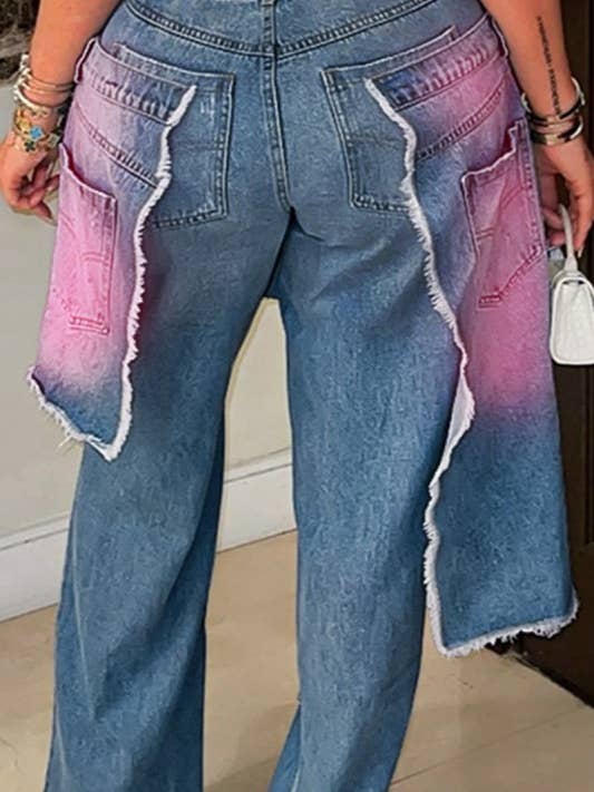Ripped and Painted Detail Double Layer Denim Baggy Pants