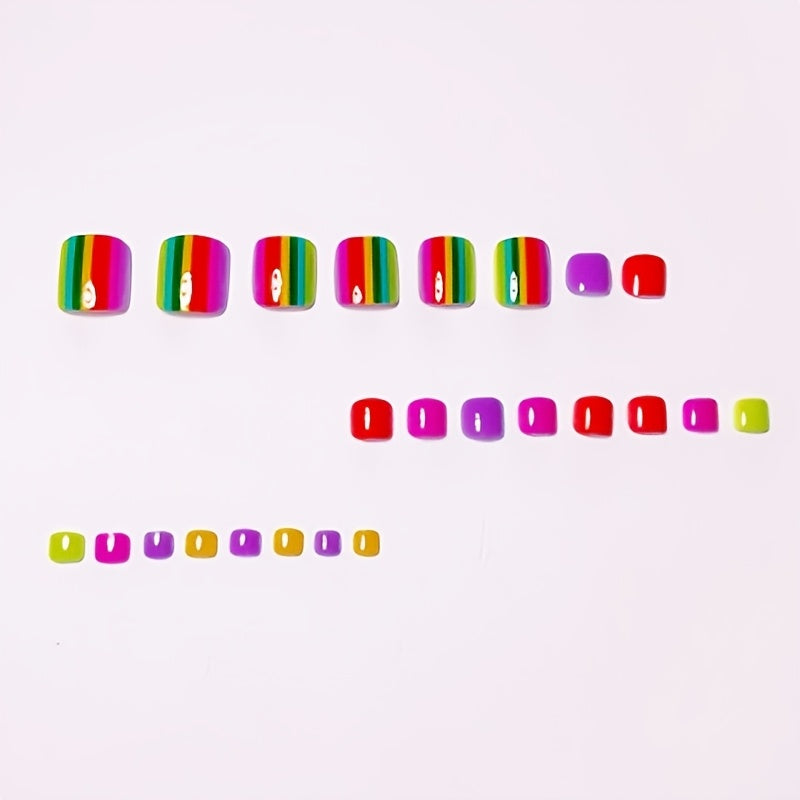 Summer Fluorescent Rainbow Toenails with High-Saturation Color-Blocked Stripes, Energetic And Spicy Style, Detachable Toenail Pieces