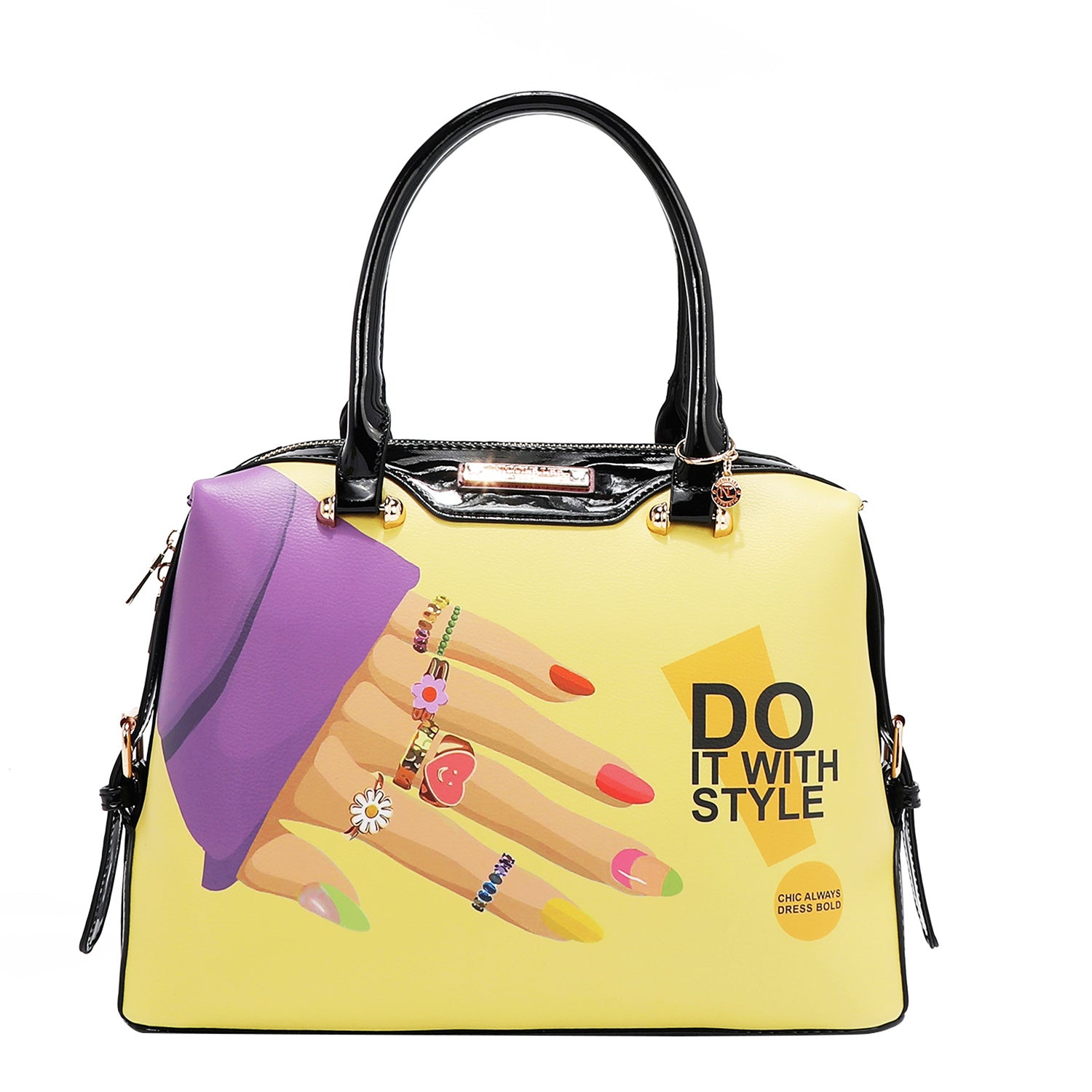 Nicole Nail Polish 3 Piece Set (Large Handbag, Small Crossbody, Small Wallet) 3-In-1 Versatile Travel Set, Yellow/Multicolor, Fashionable Chic Print