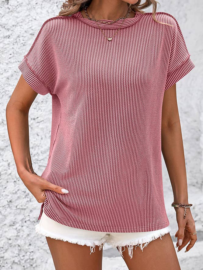 Ribbed Knitting Stitching Outside Round Neck Top MD121