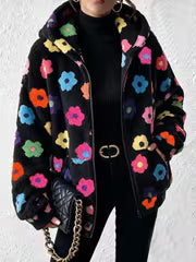 Plus Size - Sweet Cool Style Multicolor Small Floral Plush Coat Women'S Hooded Zipper Cardigan All-Match Printed — view 1