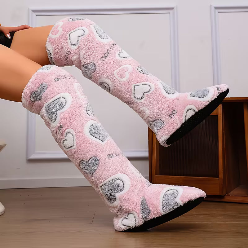 Women's Elegant Over-the-Knee Slippers with Plush Sole & Heart Design - Soft Sole Suitable for Floor Socks,-Fit — view 11