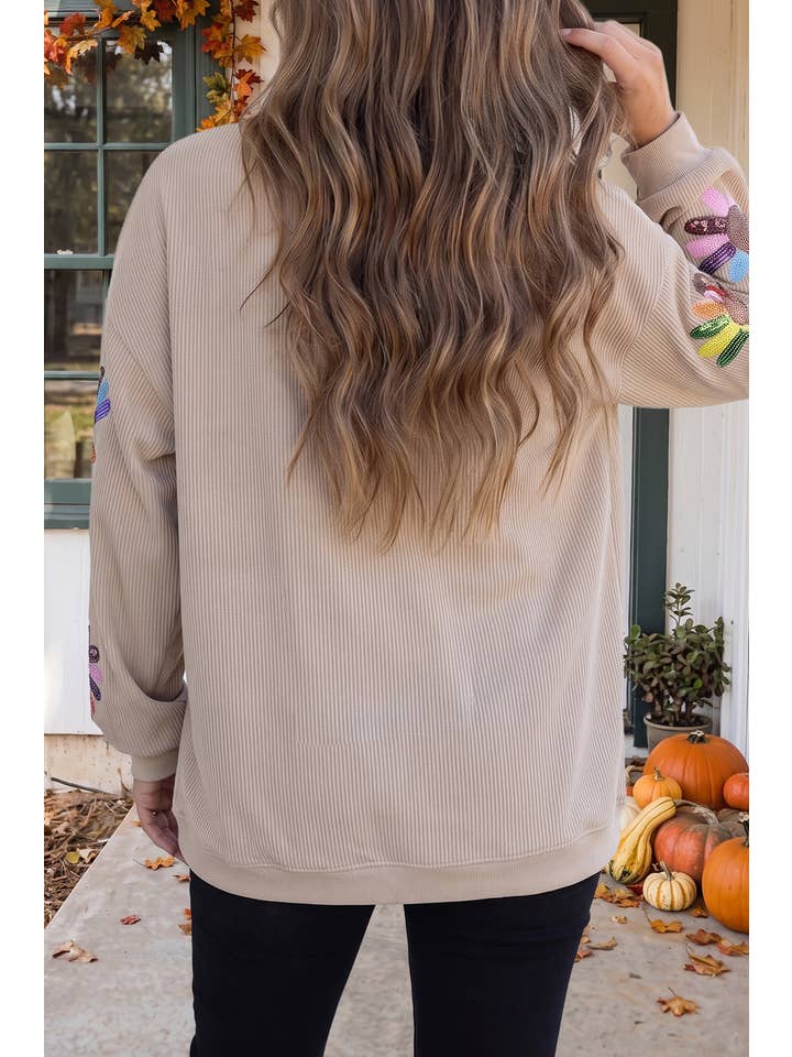 Las Fall Sequin Leaf Turkey Ribbed Sweatshirt (S-2XL)