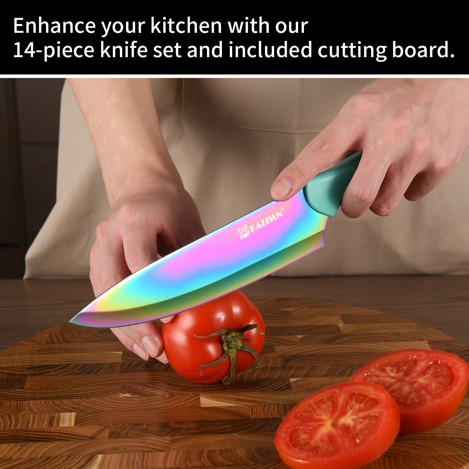 14pcs Professional Stainless Steel Rainbow Titanium Coating Kitchen Knife Set