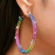 2pcs Fashion Colorful Gradient Effect Sparkling Hoop Earrings, Exquisite Elegance, Perfect Additions for — view 1