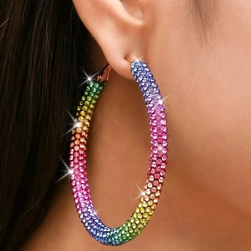 2pcs Fashion Colorful Gradient Effect Sparkling Hoop Earrings, Exquisite Elegance, Perfect Additions for Vacation Travel, Valentine'S Day Gift