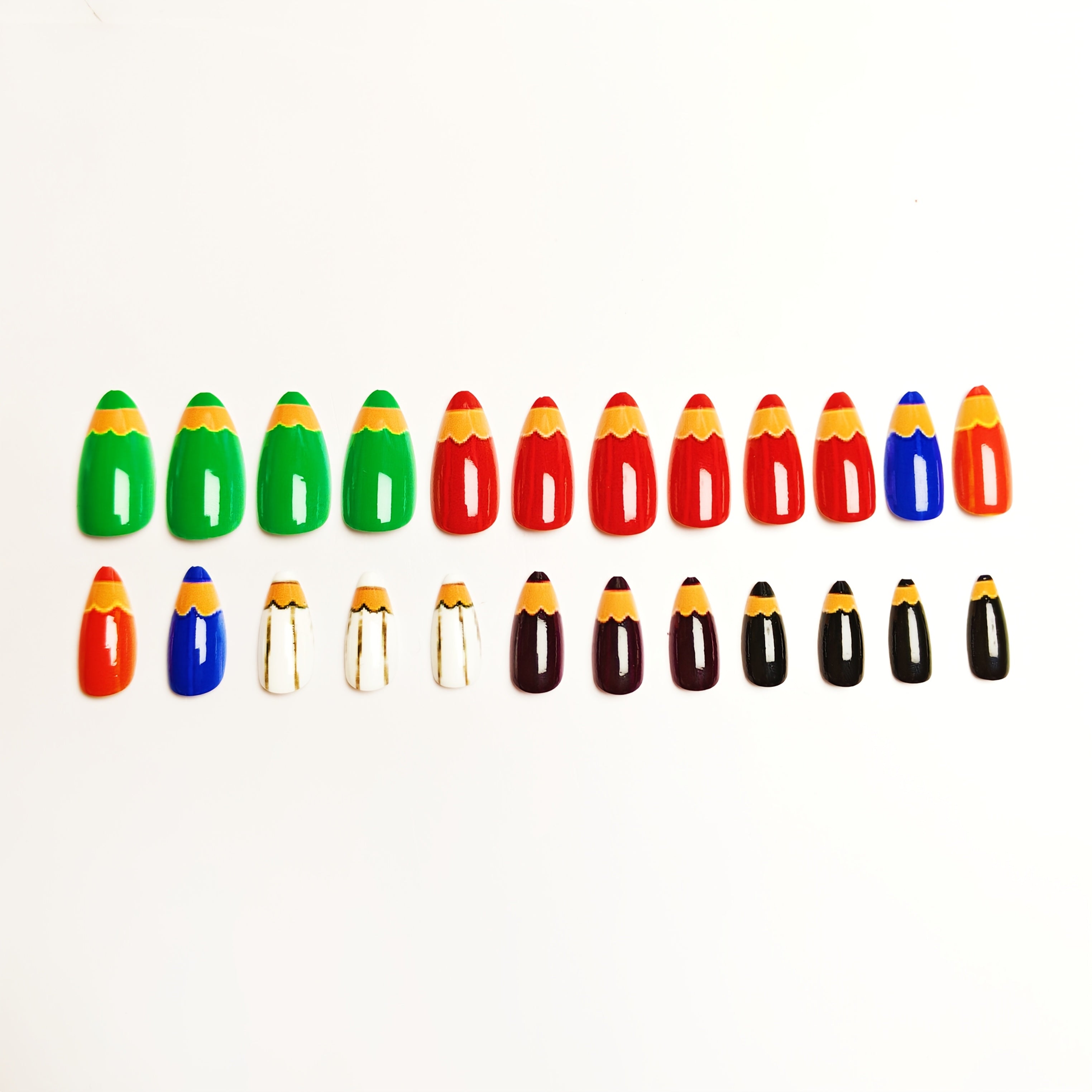 24pcs Press-On Nails, Green, Orange, Yellow, And Red, with Painted Pen And Crayon Brush Pattern Design, Fake Nails, Medium-Long Water Drop Nails, Glossy Removable Nail Pieces, Suitable for Daily Use, Suitable for Painting Occasions