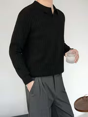 [Temujin OBM] Men's Fashion New Style Solid Color Lapel Ribbed Knit Long Sleeve Pullover Sweater, Autumn/Winter — view 5
