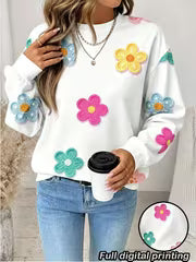 Women'S Loose Round Neck Full Print Sweatshirt, Floral Print Long Sleeve Pullover, Oversized Drop Shoulder — view 5