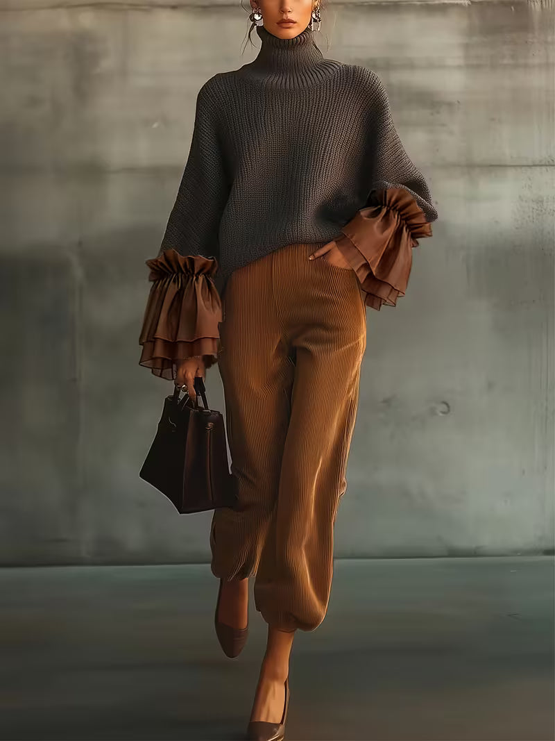 Women'S Elegant Fashion High-Neck Long Sleeve Sweater with Sheer Ruffled Cuffs — view 9