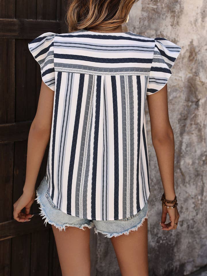 Elegant V-Neck Ruffled Slouchy Striped Blouse