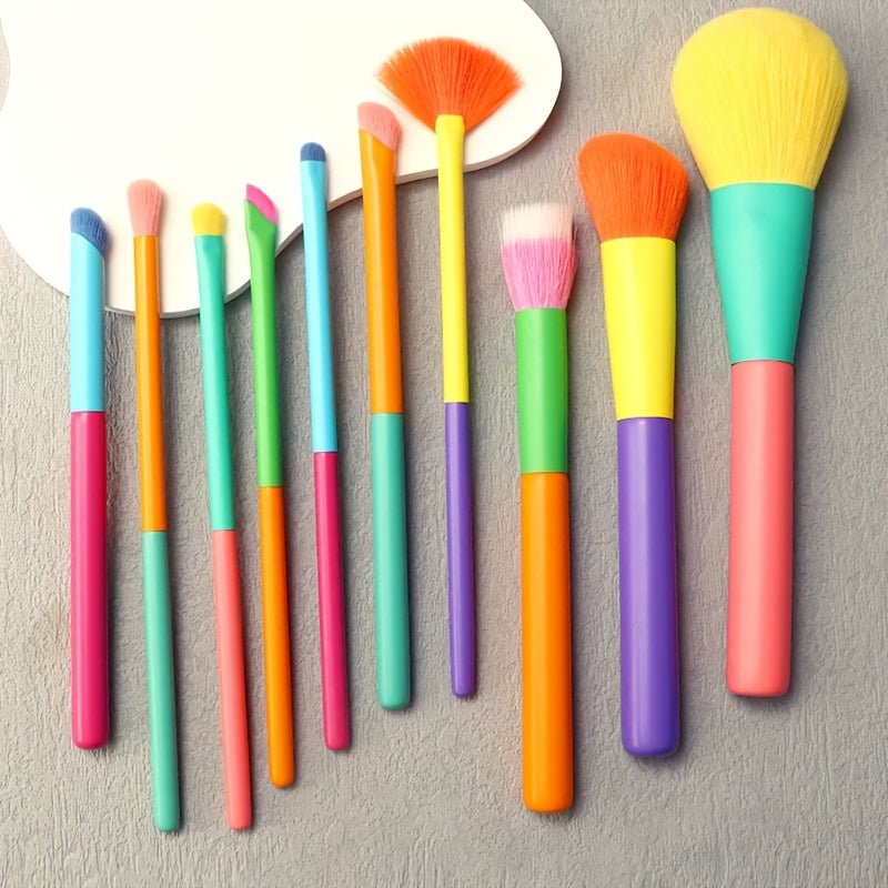 A Set of 10 Ultra-Soft Rainbow Makeup Brushes Including Powder, Eyeshadow, Blush, Eyebrow, And Lip Brushes.