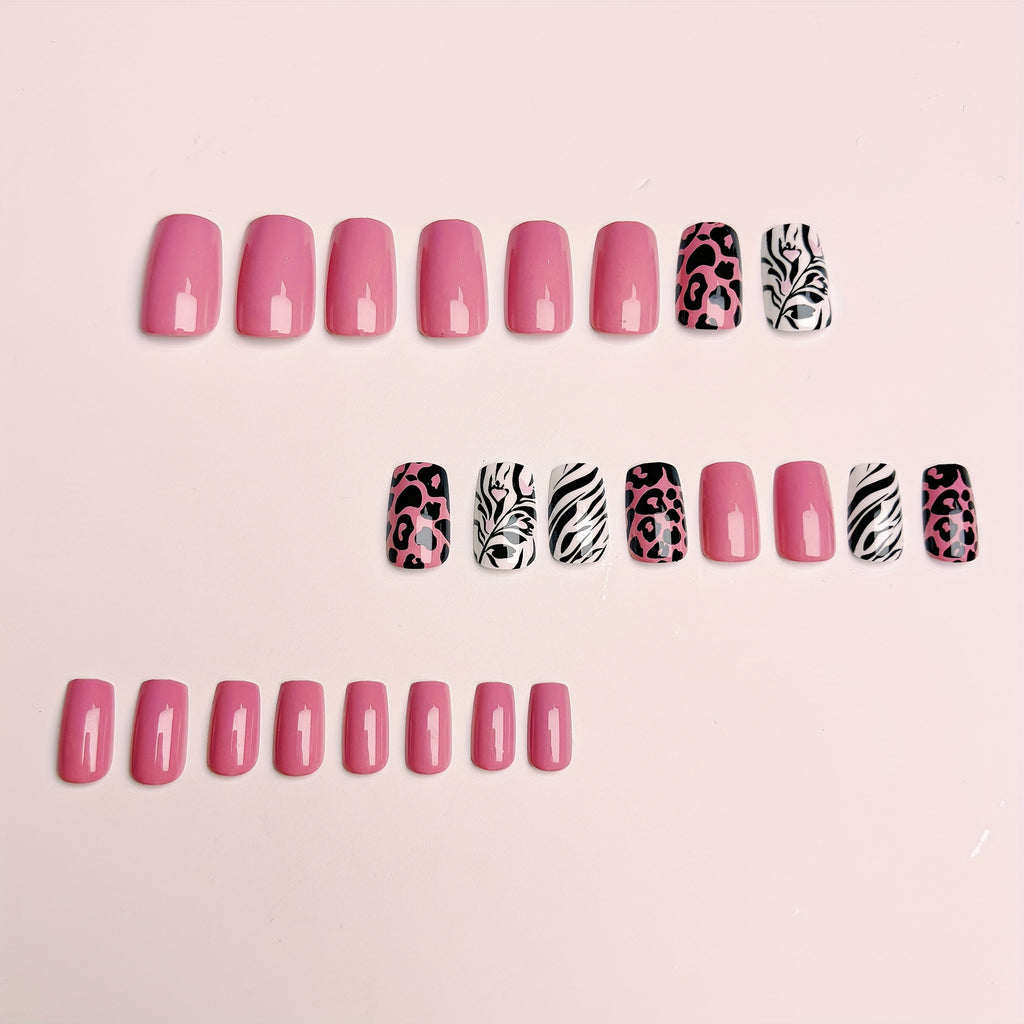 Pink Nails Medium Length Black Spotted Striped Nail Glossy False Nail Pieces Cool Leopard Print Square Heart Wearable Nails Fashion Press-On Nails Nail Stickers 24pcs with Glue False Nail Pieces