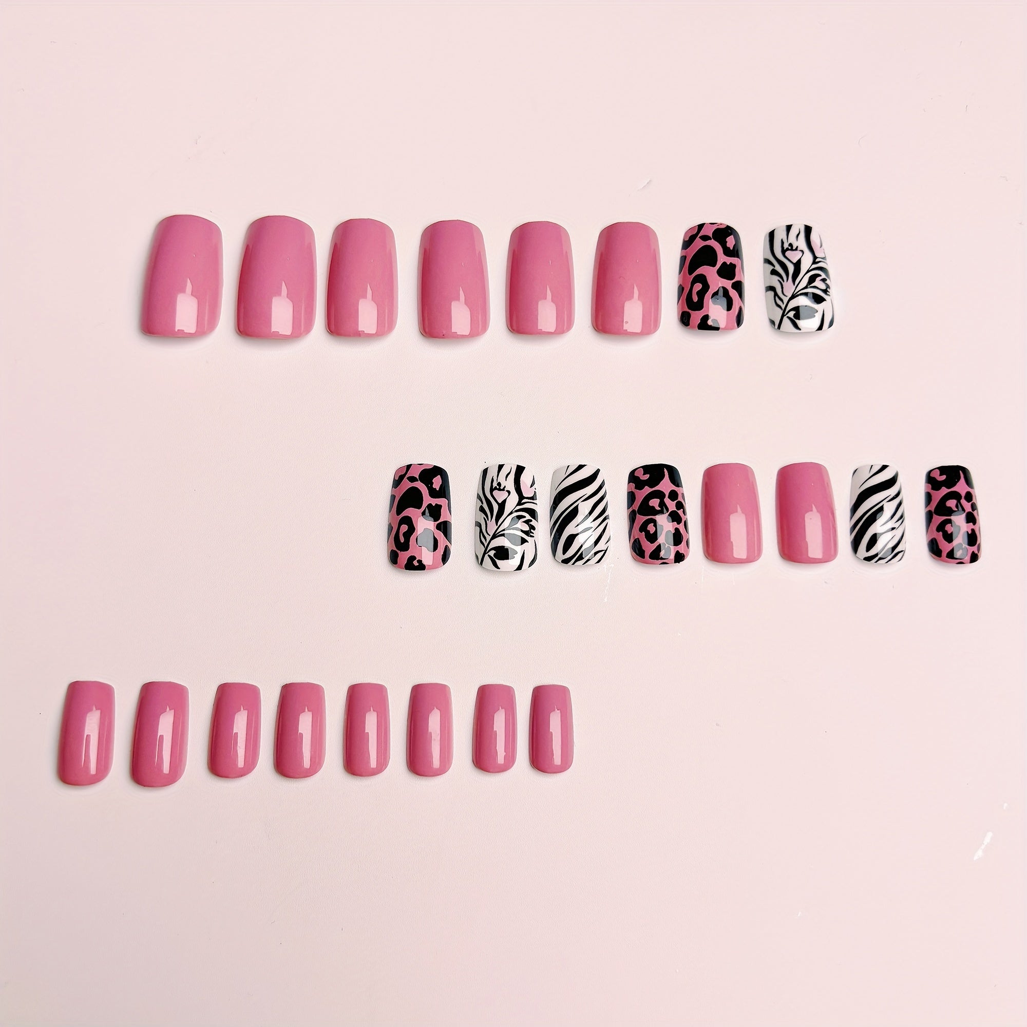 Pink Nails Medium Length Black Spotted Striped Nail Glossy False Nail Pieces Cool Leopard Print Square Heart Wearable Nails Fashion Press-On Nails Nail Stickers 24pcs with Glue False Nail Pieces