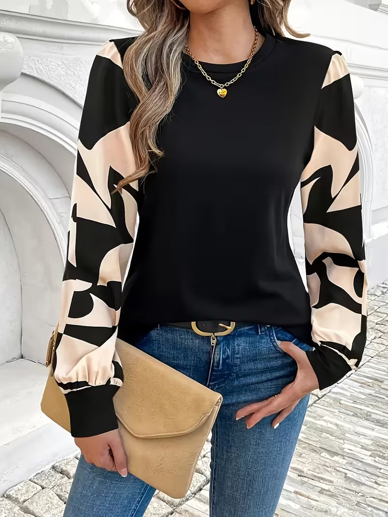 Women's T-shirt, Round Neck Top with Spliced Sleeves, Color-blocked, Suitable for Daily Casual, Elegant, and — view 8