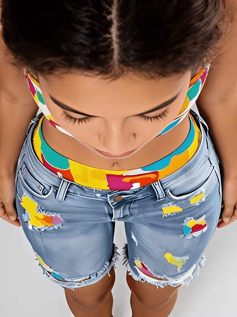 The Last Warm Weekend | Colour-Block Ripped Denim Shorts with Fitness Running Lining