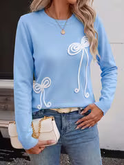 Women's Pullover Sweater with 3D Bow Appliqué Embroidery, Round Neck, Long Sleeves, Regular Fit, Casual Daily — view 2