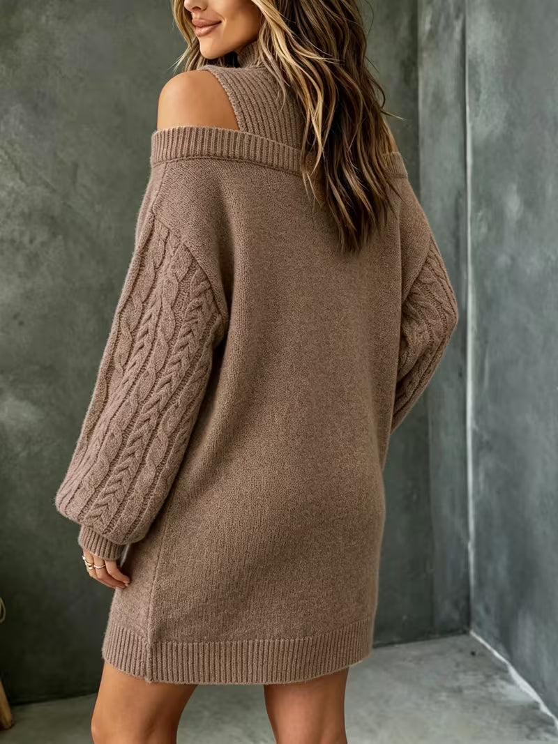 Retro Off-Shoulder High-Neck Dress, Jacquard Weave Long Sleeve Loose Casual Style Women'S Autumn Winter Sweater — view 5