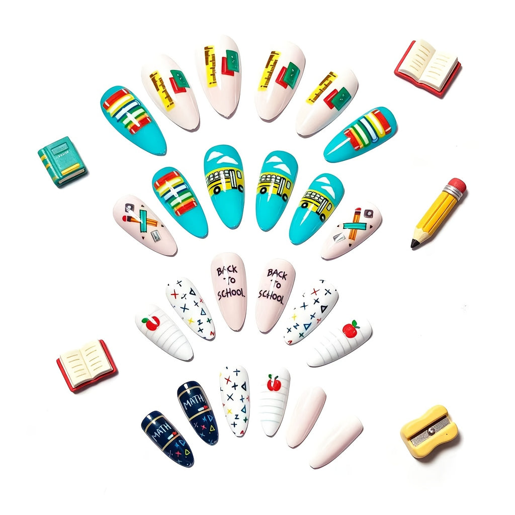 24pcs School-Themed Press-On Nails Suitable for Back-to-School, Almond Shape Medium-Length Fake Nails with Pencil & Book Designs, Reusable Detachable Tips for Teachers - Easy Application for Parties, Vacations