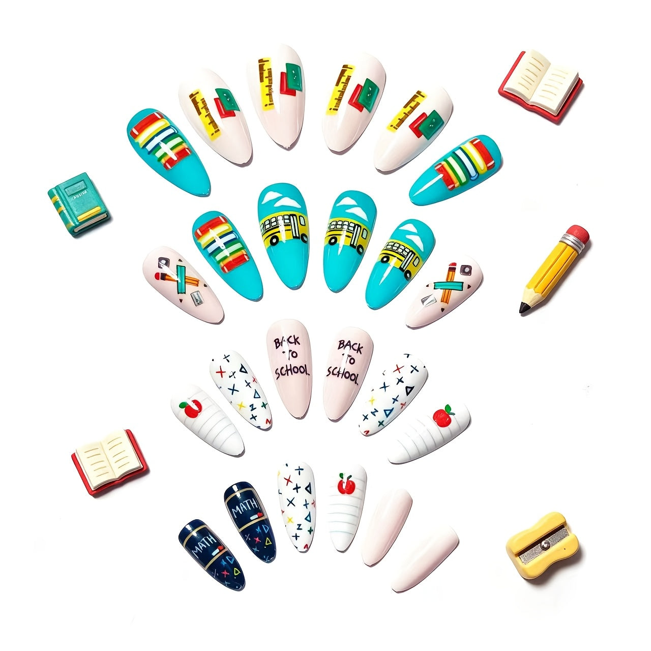 24pcs School-Themed Press-On Nails Suitable for Back-to-School, Almond Shape Medium-Length Fake Nails with Pencil & Book Designs, Reusable Detachable Tips for Teachers - Easy Application for Parties, Vacations