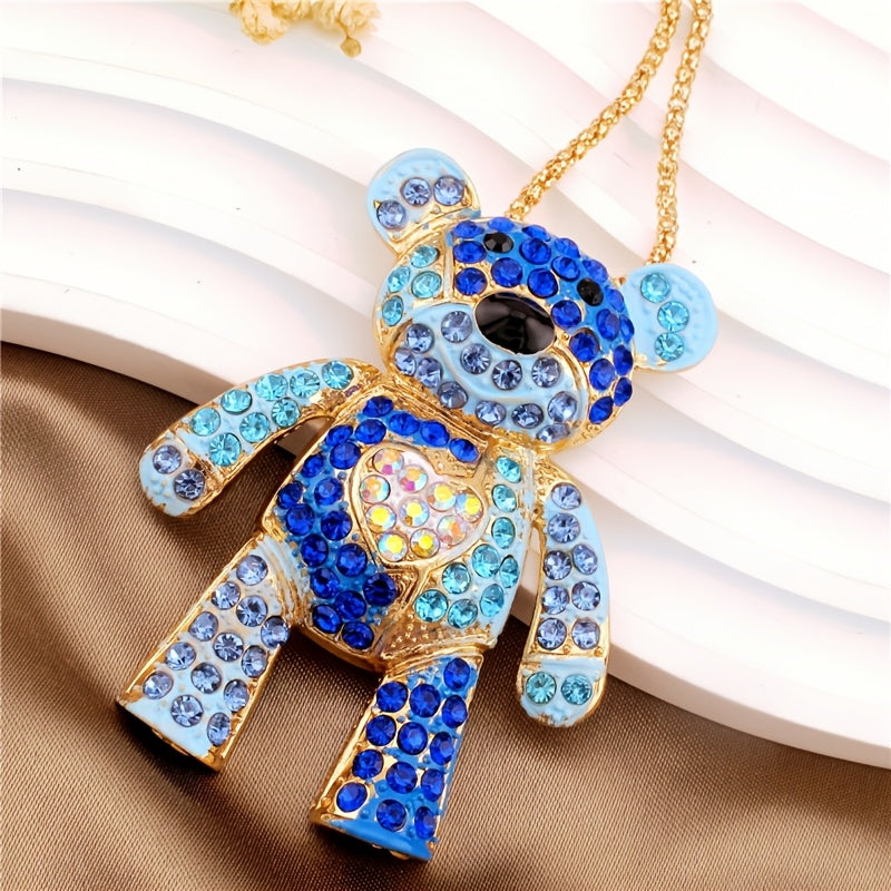 Cute Cartoon Colorful Heart Bear Alloy Necklace Inlaid with