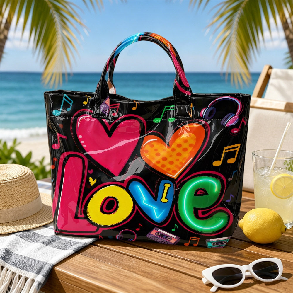 Retro 80s Neon Tote Bag Suitable for Work, Gym & Daily Use - PVC Music Note Print Shoulder Bag with LOVE Lettering, Spacious Multicolor Vintage Bag for Commuting, Casual Outfits, Halloween & Christmas Gifts, Adhesive Closure