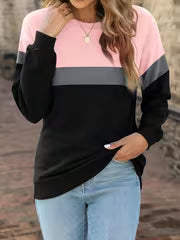 Round Neck Color Blocked Casual Top with Off Shoulder Long Sleeved Pullover — view 1