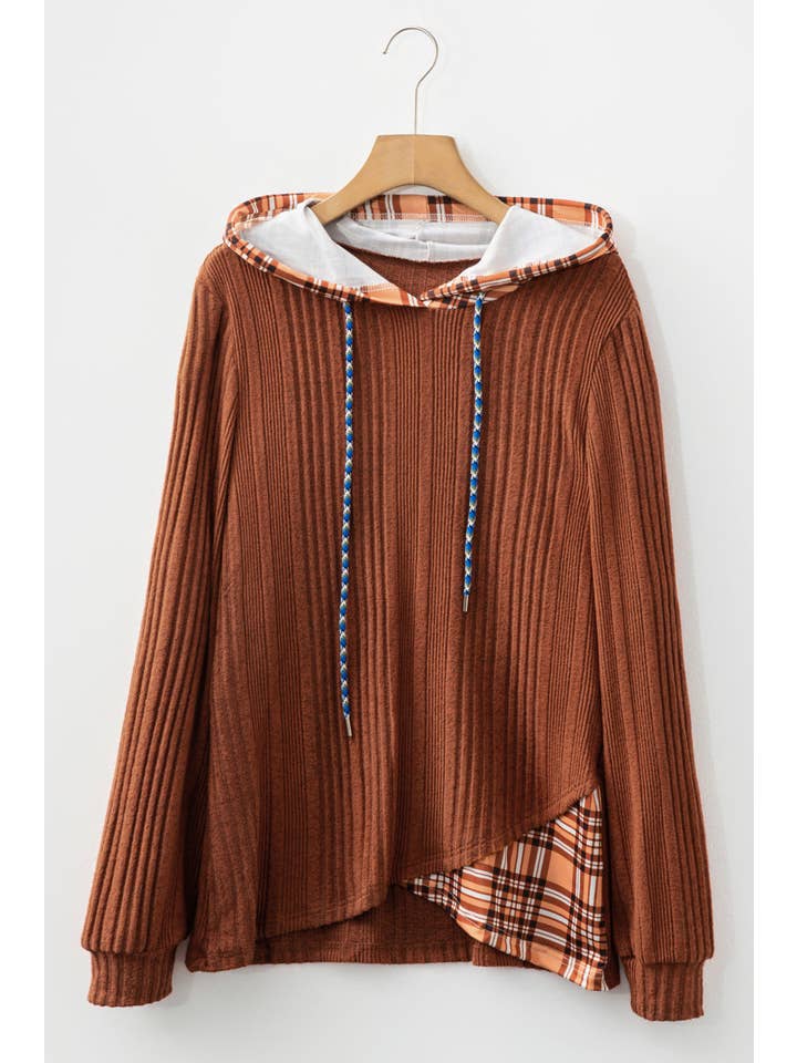 The Grand Hideaway | Plaid Patchwork Ribbed Knit Drawstring Hooded Top — view 2 of 4
