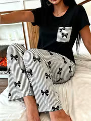 Women's Pajama Set • with Bow Detail, Pocket Embellishment • Casual Round Neck Short Sleeve Top • Striped Bow — view 1
