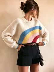 LOBURIY Women's Rainbow Color-Block Sweater - Collegiate Round-Neck Pullover with Blue Cuff Trim, Fall Shoulder — view 2
