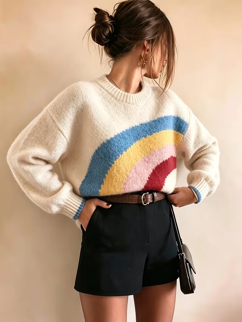 LOBURIY Women's Rainbow Color-Block Sweater - Collegiate Round-Neck Pullover with Blue Cuff Trim, Fall Shoulder — view 9