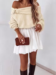 Autumn/Winter Elegant Solid Color Slim-Fit Sweater, Off-Shoulder Long Sleeve Warm Jumper for Women, Versatile — view 2