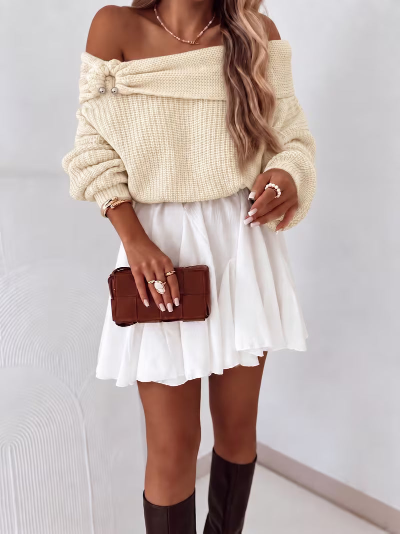 Autumn/Winter Elegant Solid Color Slim-Fit Sweater, Off-Shoulder Long Sleeve Warm Jumper for Women, Versatile — view 5