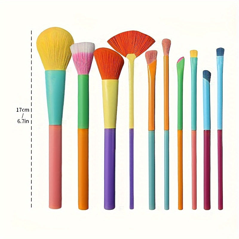 A Set of 10 Ultra-Soft Rainbow Makeup Brushes Including Powder, Eyeshadow, Blush, Eyebrow, And Lip Brushes.