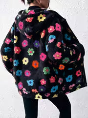 Plus Size - Sweet Cool Style Multicolor Small Floral Plush Coat Women'S Hooded Zipper Cardigan All-Match Printed — view 4