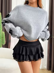 Women's Fashion Round Neck Solid Color Bow Tie Loose Fit Versatile Minimalist Design Long Sleeve Sweatshirt — view 2