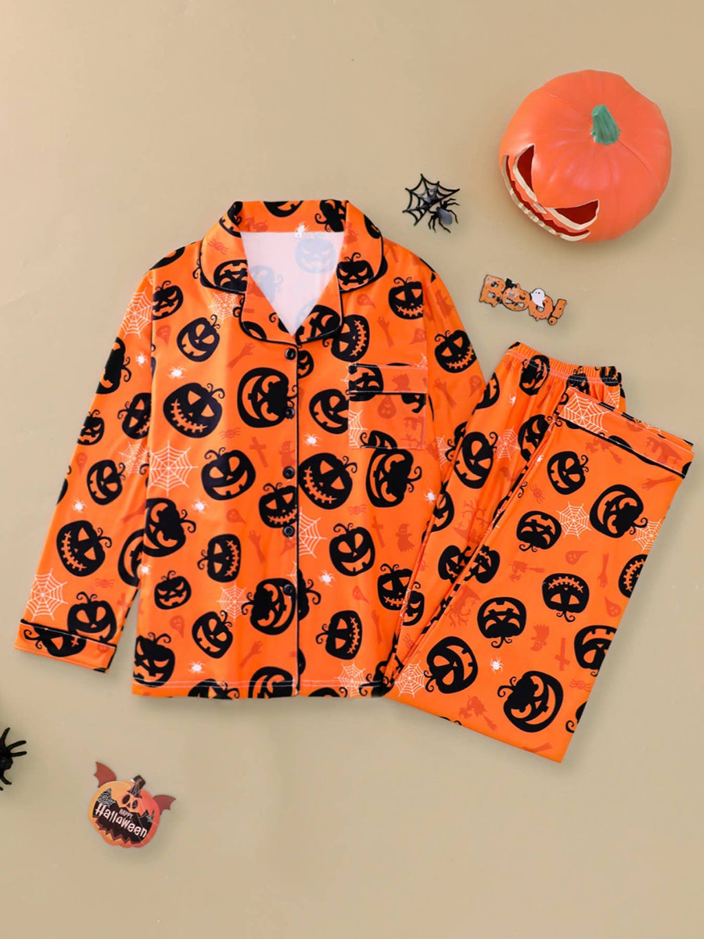 Long Sleeve Halloween Pajama Set Pumpkin Print Sleepwear Set