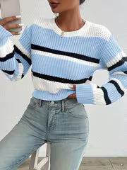 Striped Round-neck Cropped Sweater, Casual Long-sleeve Sweater for Spring and Autumn, Women's Clothing — view 6