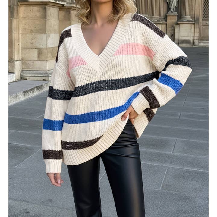 Vintage Color Block Striped V-Neck Knit Sweater BFZY2152